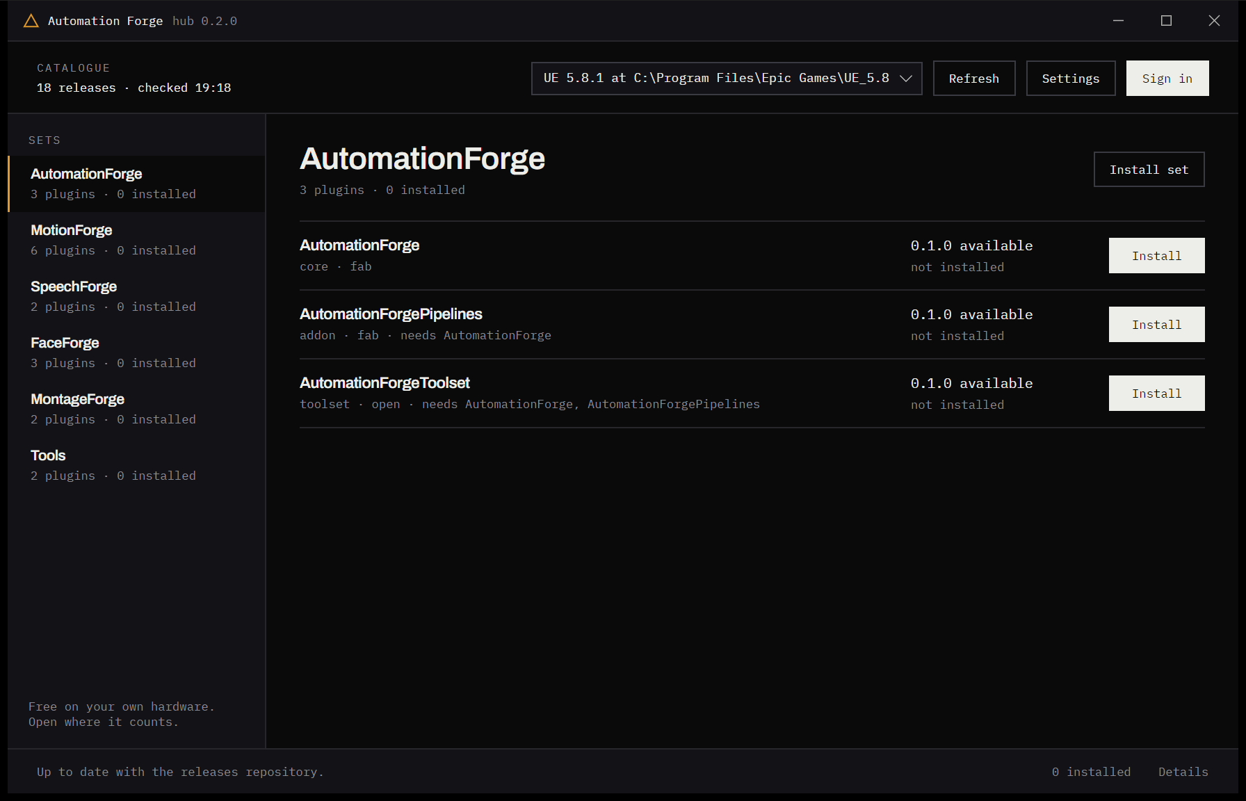 The Automation Forge hub: the sets down the left, the selected set’s plugins on the right, one Install button per plugin